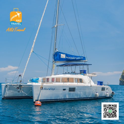 Blue Wing catamaran sailing at sea