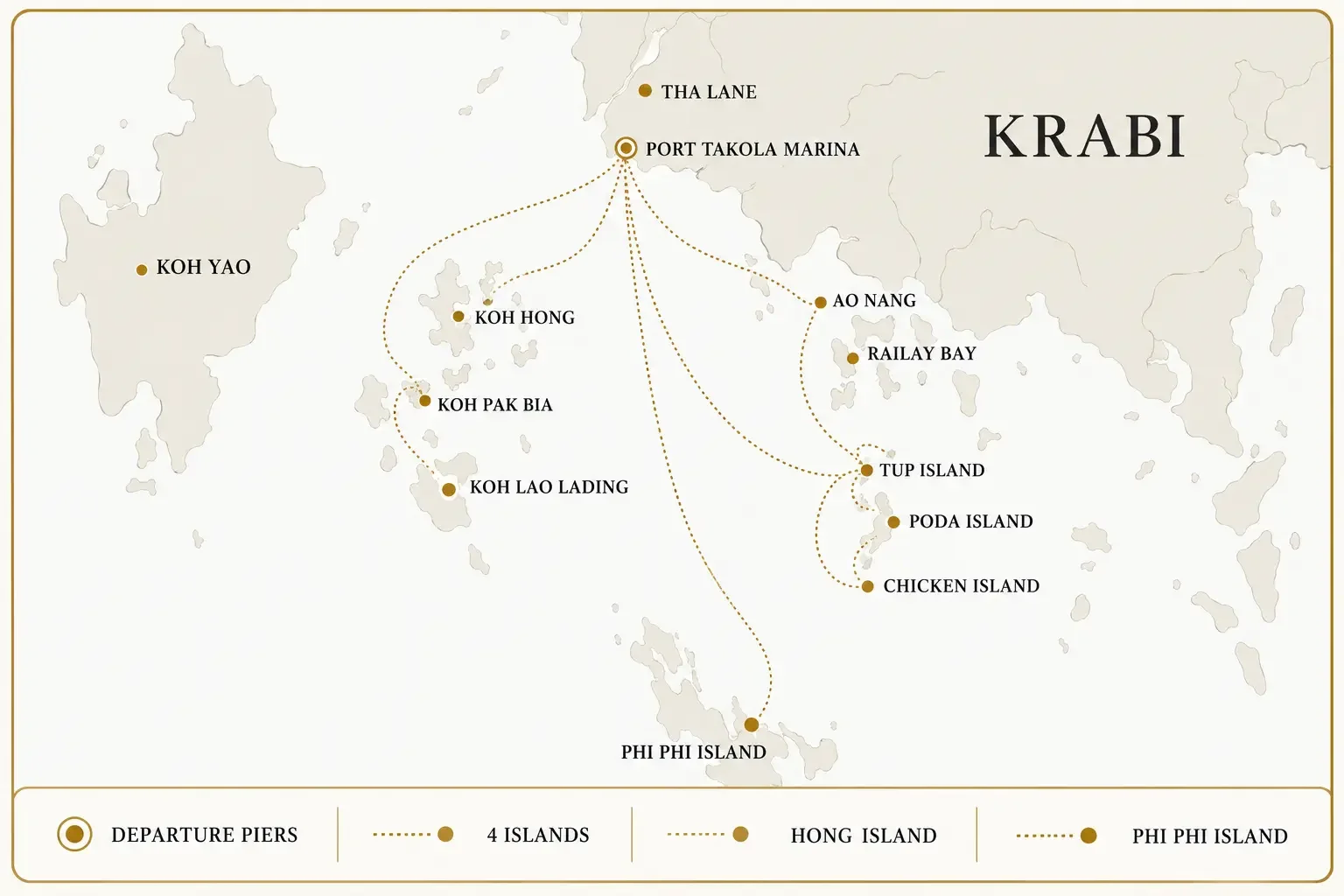 แผนที่เส้นทางเดินเรือกระบี่ 4 Islands เกาะห้อง และหมู่เกาะพีพี