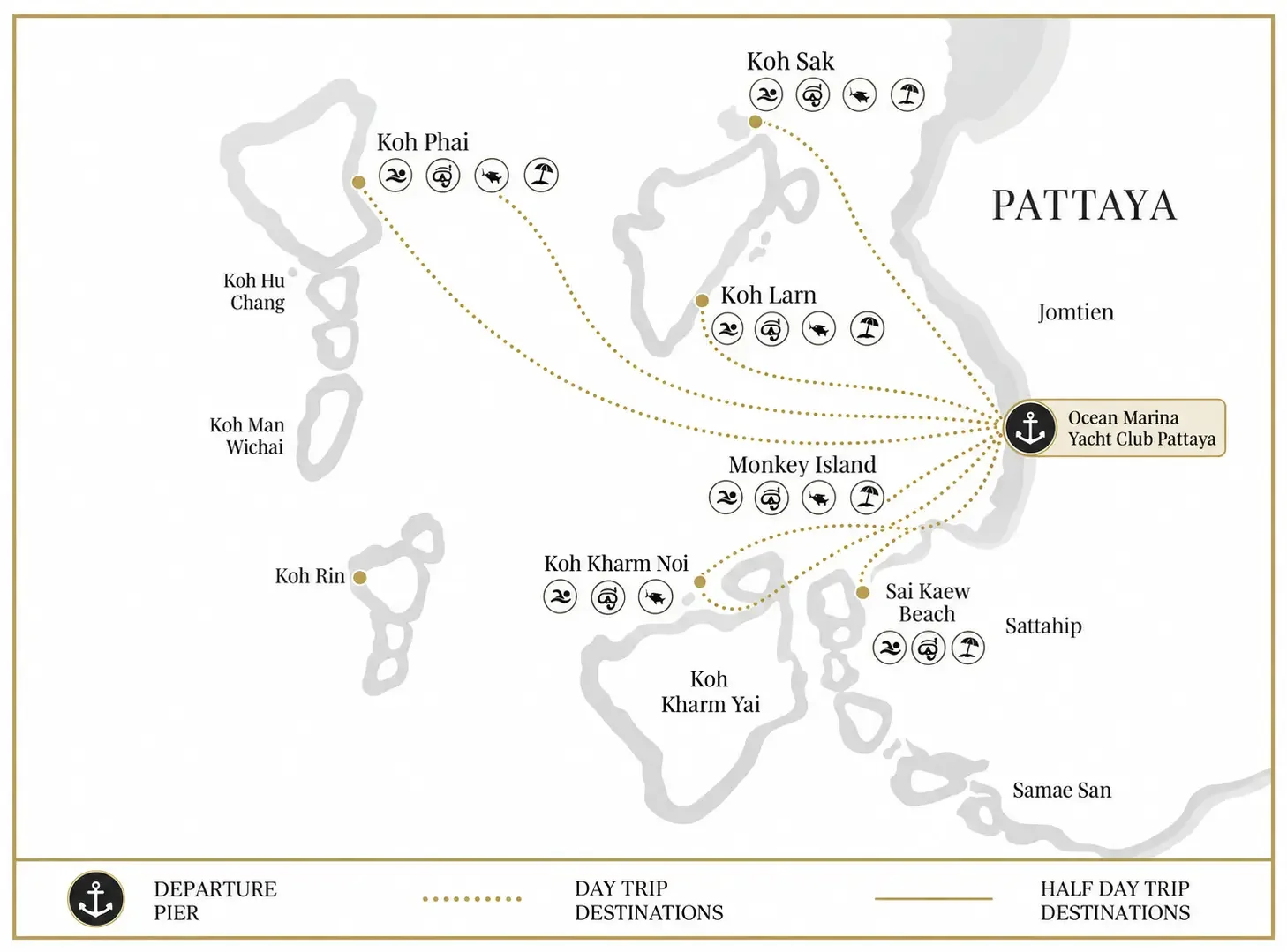 Pattaya private yacht route map from Ocean Marina Yacht Club