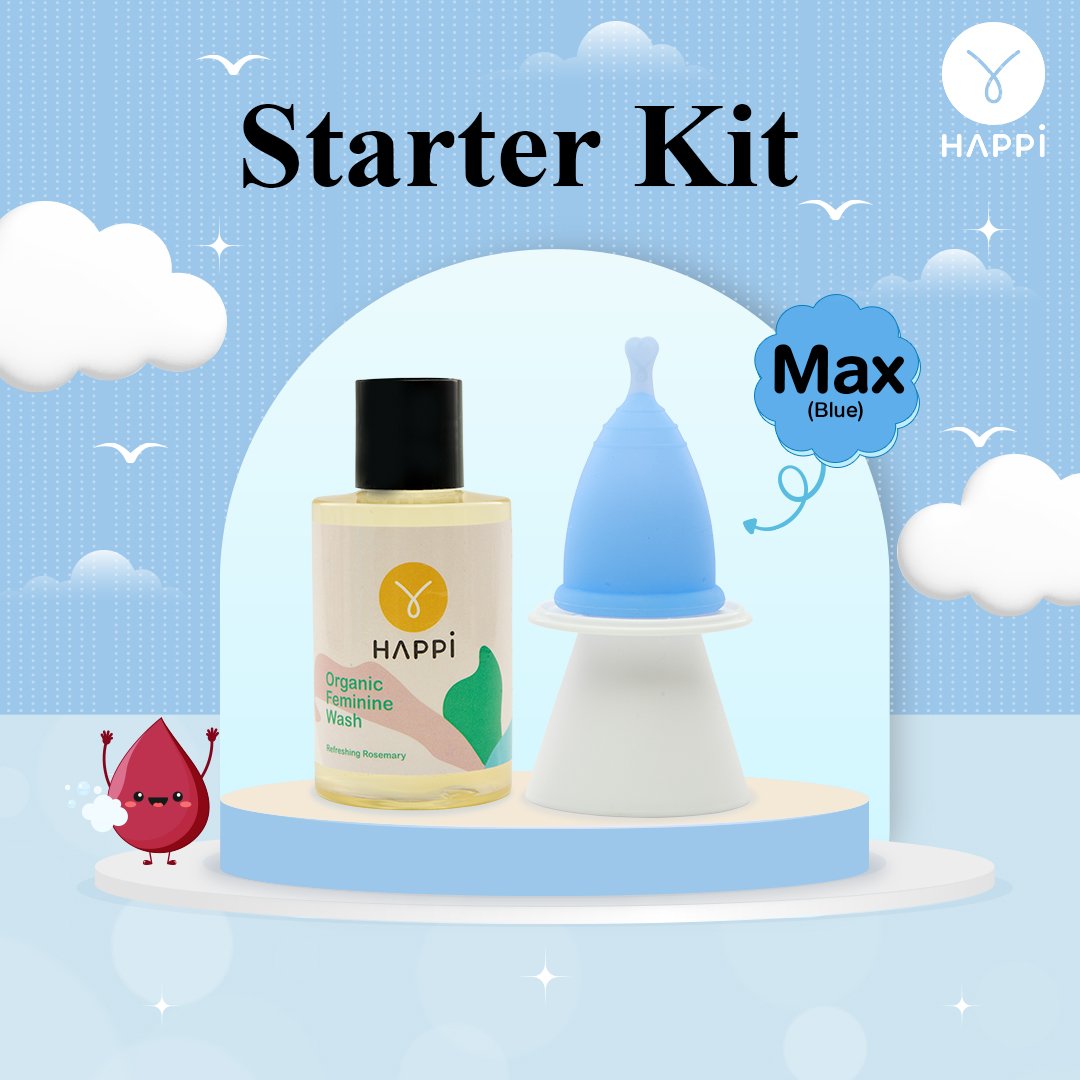 ชุดเริ่มต้น Max - ฟ้า (Happicup Starter Kit Max Blue) ถ้วยอนามัย + สบู่