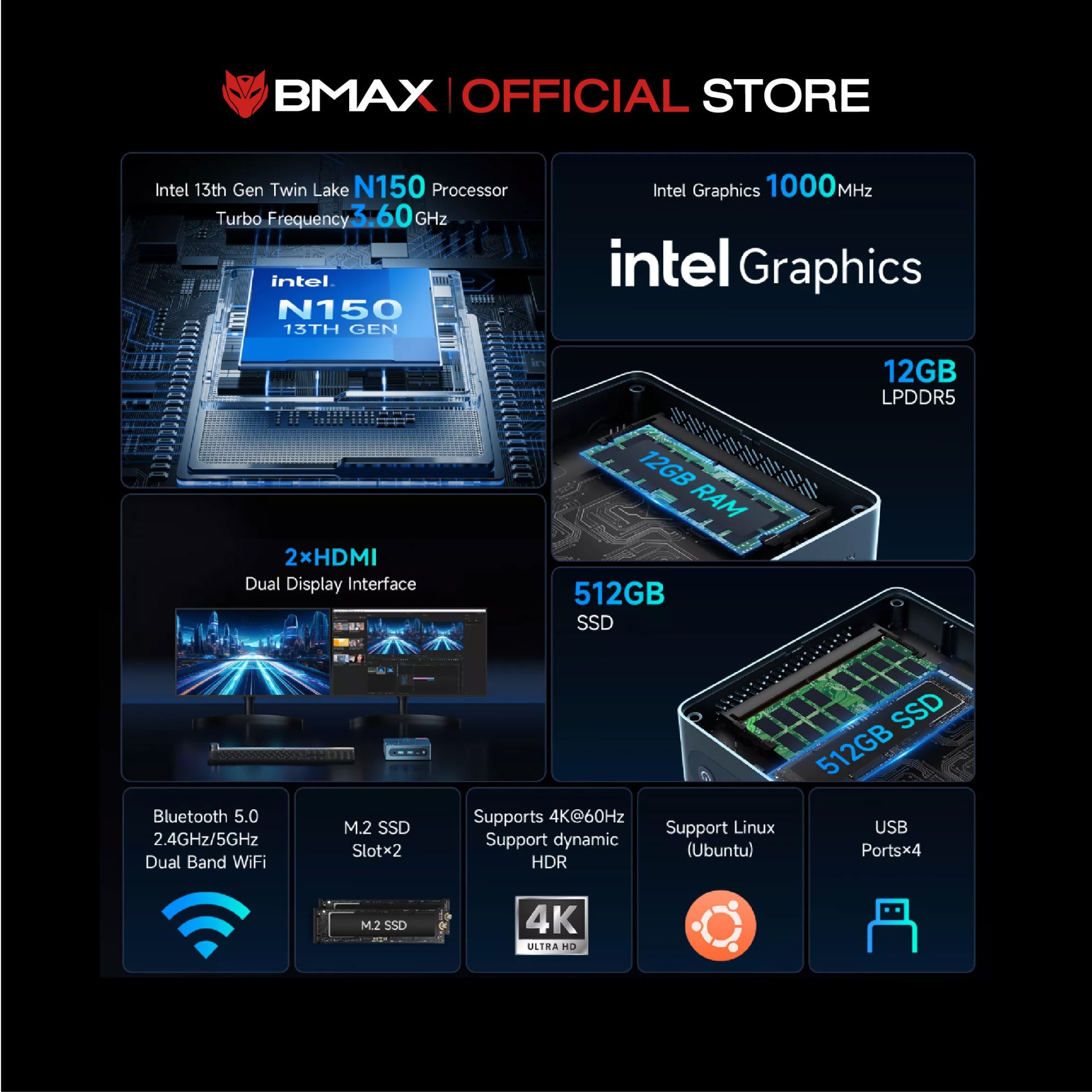 BMAX B4 Ultra Intel 13th Gen N150 12GB + SSD 512GB