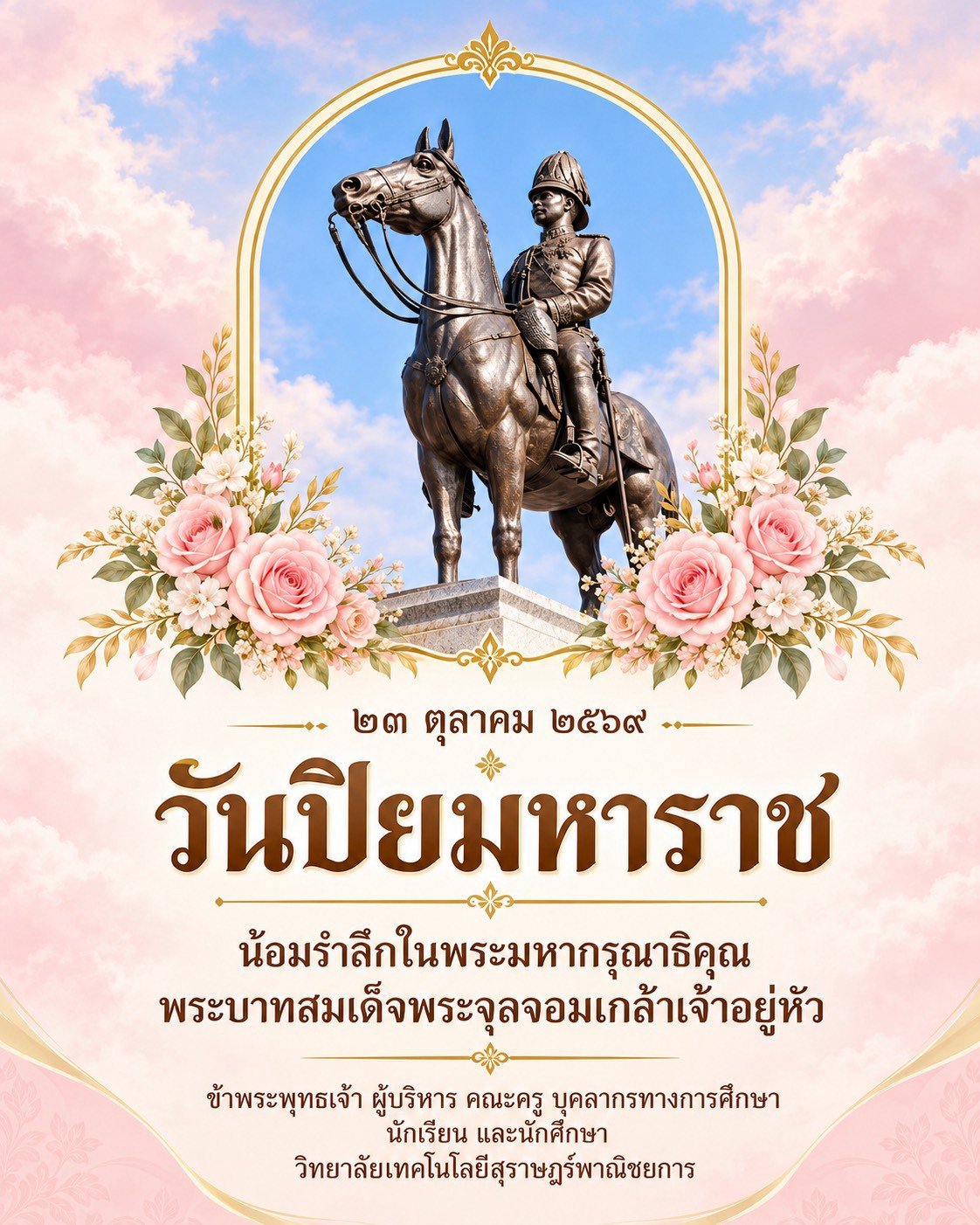 วิทยาลัยเทคโนโลยีสุราษฎร์พาณิชยการ ร่วมพิธีวางพวงมาลา เพื่อน้อมรำลึก เนื่องในวันคล้ายวันสวรรคตพระบาทสมเด็จพระจุลจอมเกล้าเจ้าอยู่หัว " วันปิยมหาราช " ๒๓ ตุลาคม ๒๕๖๙