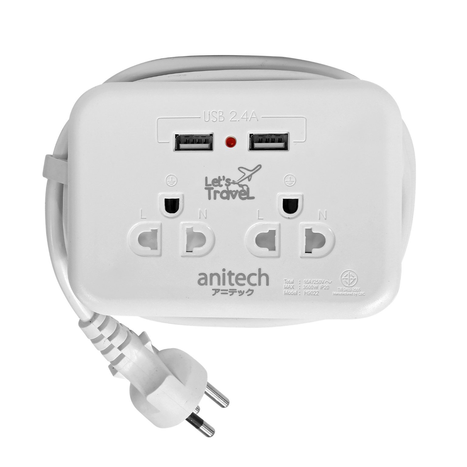 Anitech ปลั๊กไฟมาตรฐาน มอก. 2 ช่องเสียบ 2 USB รุ่น H9022