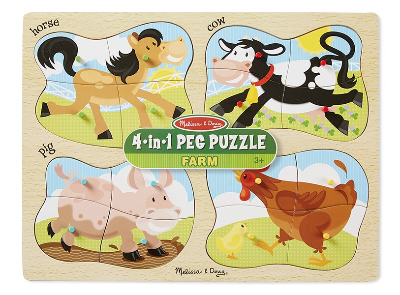 ชุดจิ๊กซอ 4 ชิ้น 4 ลาย รูปฟาร์ม 4-in-1 Farm Peg Jigsaw Puzzle รุ่น 9858 ยี่ห้อ Melissa & Doug (นำเข้า USA)
