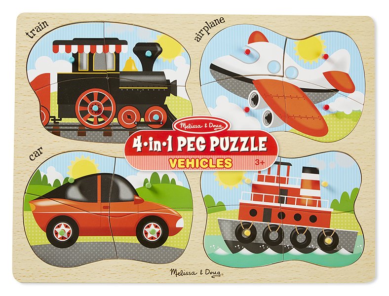 ชุดจิ๊กซอไม้ 4 ชิ้น 4 ลาย รูปรถ 4-in-1 Vehicles Peg Jigsaw Puzzle รุ่น 9865 ยี่ห้อ Melissa & Doug (นำเข้า USA)