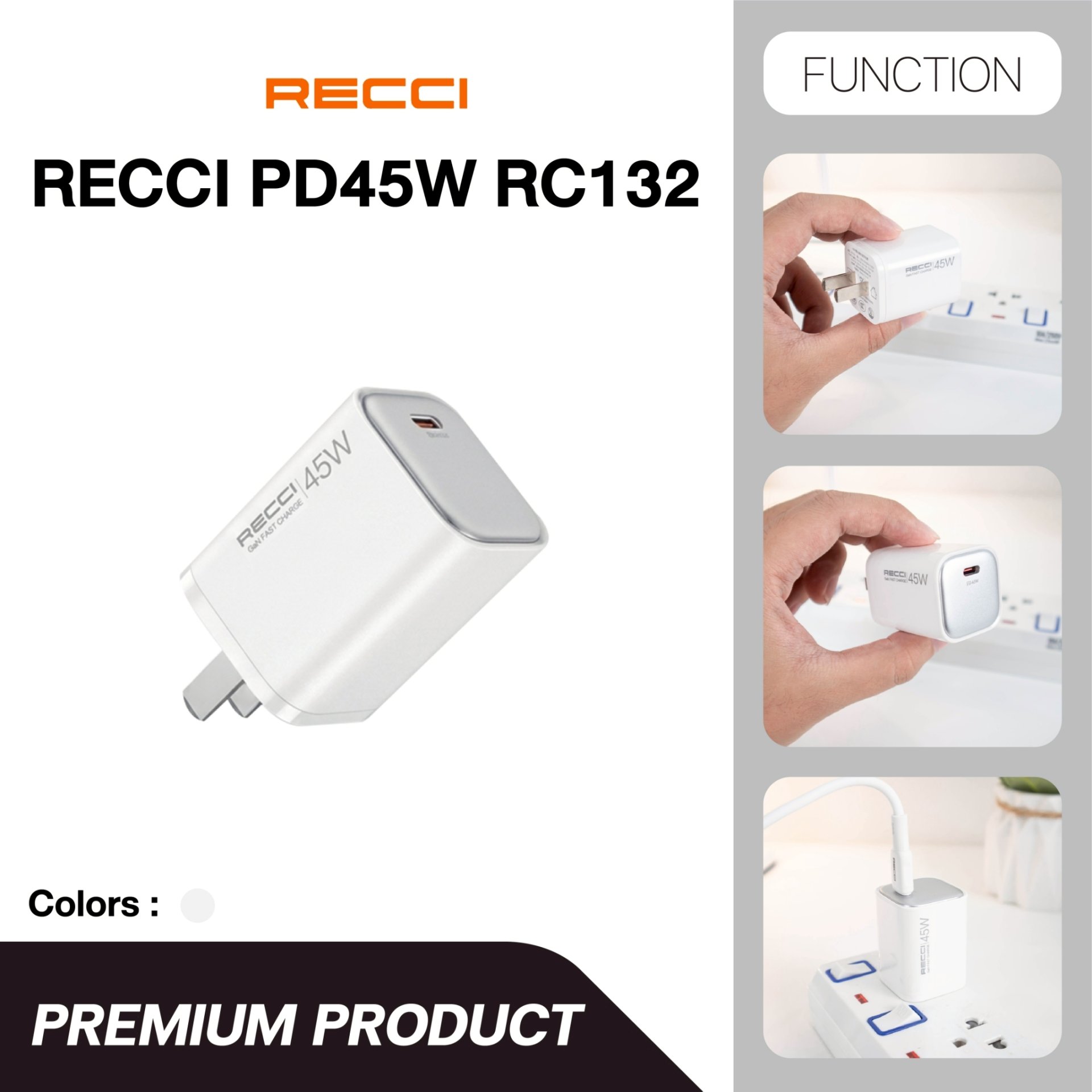 Recci PD 45W หัวชาร์จ GaN Charger RC132 ชาร์จเร็วพกพาสะดวก