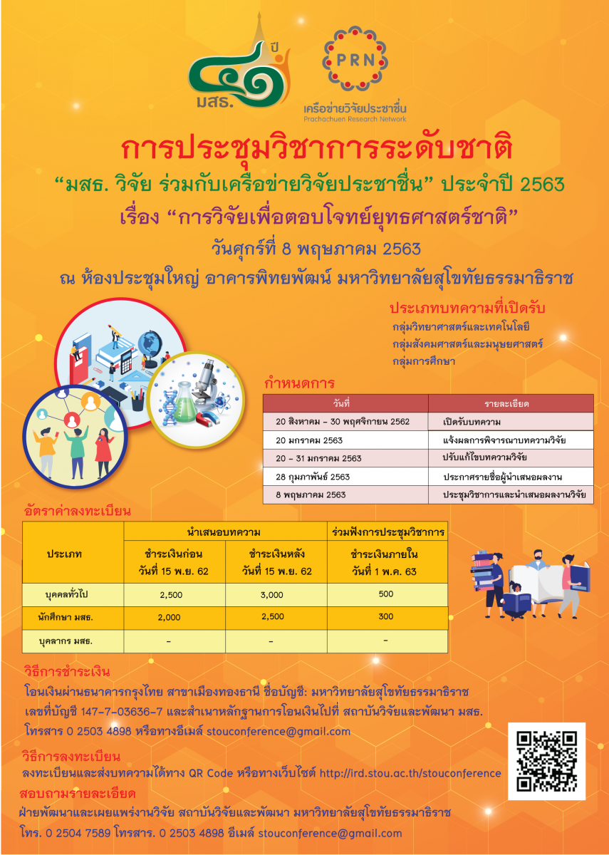 การประชุมวิชาการระดับชาติ "มสธ.วิจัย ร่วมกับเครือข่ายวิจัยประชาชื่น" ประจำปี ๒๕๖๓ การประชุมวิชาการระดับชาติ "มสธ.วิจัย ร่วมกับเครือข่ายวิจัยประชาชื่น" ประจำปี ๒๕๖๓