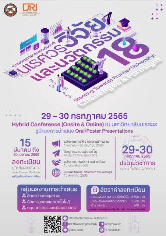 ขอเชิญชวนคณาจารย์และบุคลากร ส่งผลงานการวิจัยเข้าร่วมนำเสนอในการประชุมวิชาการระดับชาติ นเรศวรวิจัยและนวัตกรรม ครั้งที่ ๑๘