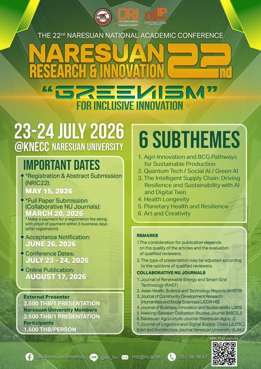 ประชาสัมพันธ์ การส่งผลงานเข้าร่วมนำเสนอการประชุมวิชาการระดับชาตินเรศวรวิจัยและนวัตกรรม ครั้งที่ 22 Greenism for inclusive innovation 