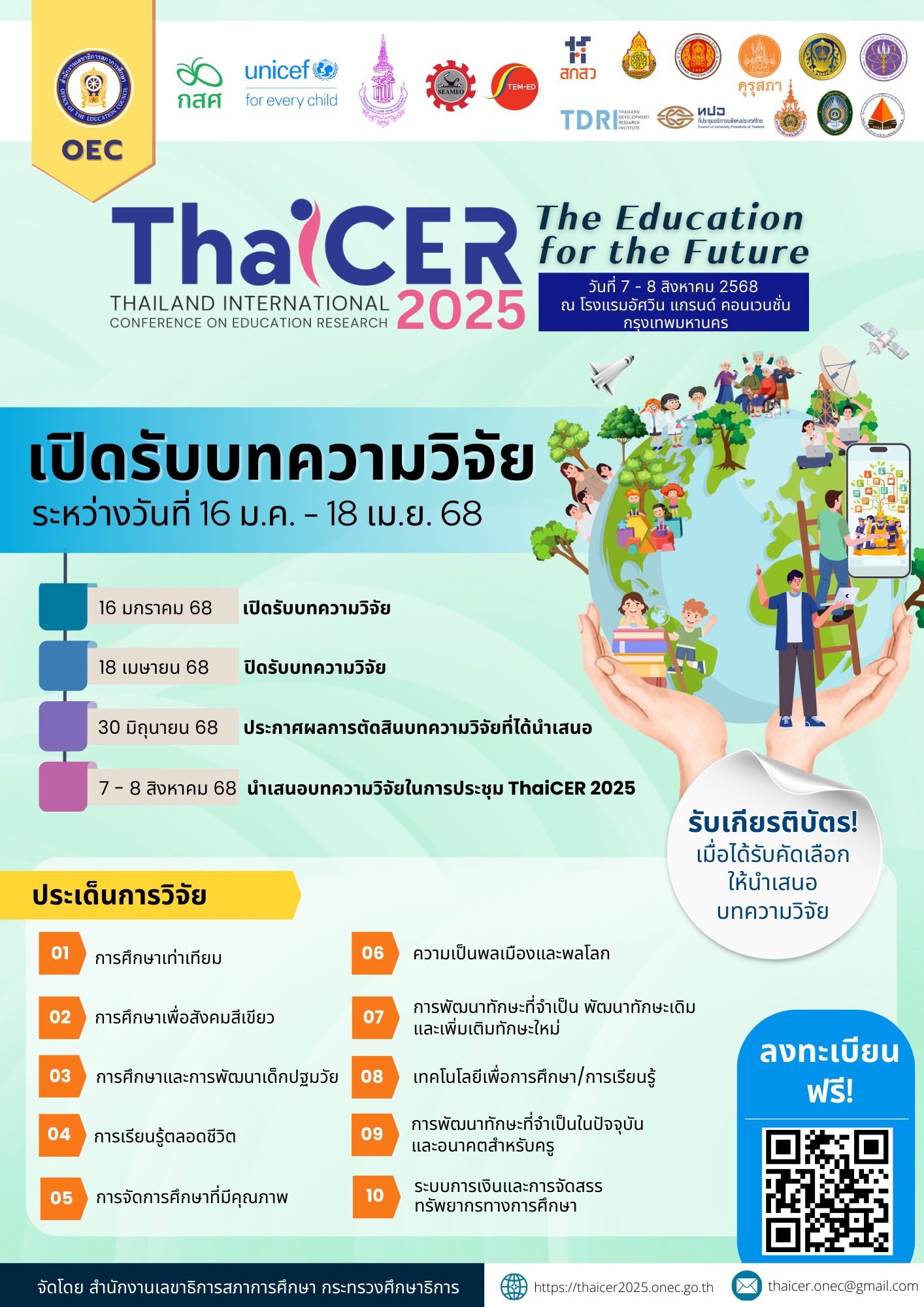 ประชาสัมพันธ์เชิญชวนเข้าร่วมส่งบทความวิจัยในระดับชาติและนานาชาติ เพื่อคัดเลือกให้นำเสนอในการประชุม Thailand International Conference on Education Research (ThaiICER) 2025