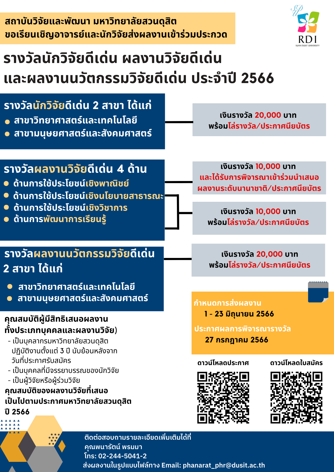 สถาบันวิจัยและพัฒนา ขอเชิญบุคลากรที่สนใจส่งผลงานวิจัยเข้าร่วมประกวดใน “โครงการประกวดรางวัลนักวิจัยดีเด่น ผลงานวิจัยดีเด่น และผลงานนวัตกรรมวิจัยดีเด่น ประจำปี ๒๕๖๖”