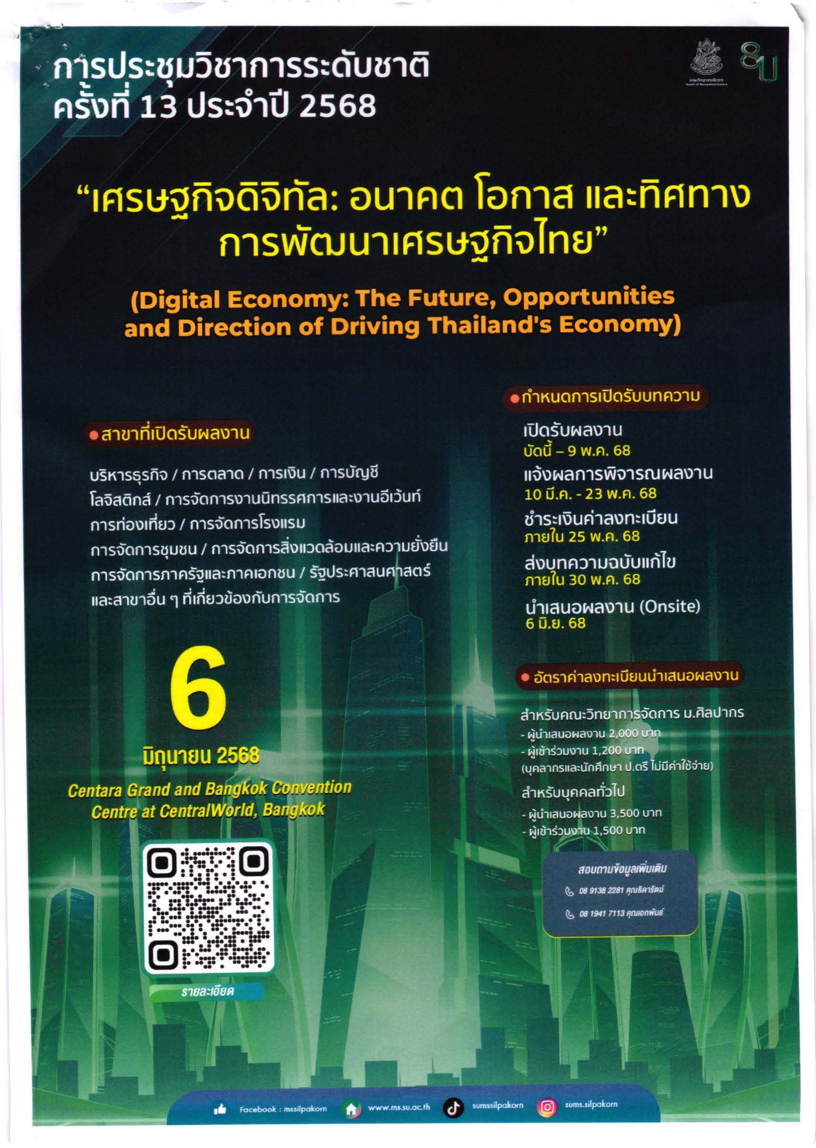 ประชาสัมพันธ์เชิญชวนส่งผลงานเข้าร่วมนำเสนอการประชุมวิชาการ ครั้งที่ 13 ประจำปี 2568 เศรษฐกิจดิจิทัล: อนาคต โอกาส และทิศทางการพัฒนาเศรษฐกิจไทย 