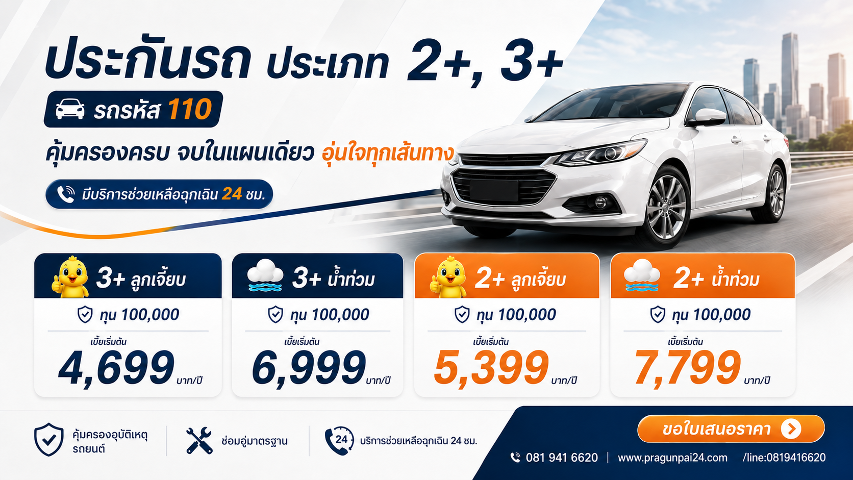 ประกันรถ 2+ 3+ รหัส 110 เบี้ยเริ่ม 4,699 บาท ประกันรถ 2+, ประกันรถ 3+, ประกันรถรหัส 110, ประกันรถเก๋ง, ประกันรถยนต์ 2+ 3+, ประกันรถลูกเจี๊ยบ, ประกันรถน้ำท่วม, ประกันรถเบี้ยถูก, ประกันรถทุน 100000, ประกันรถช่วยเหลือฉุกเฉิน 24 ชม.