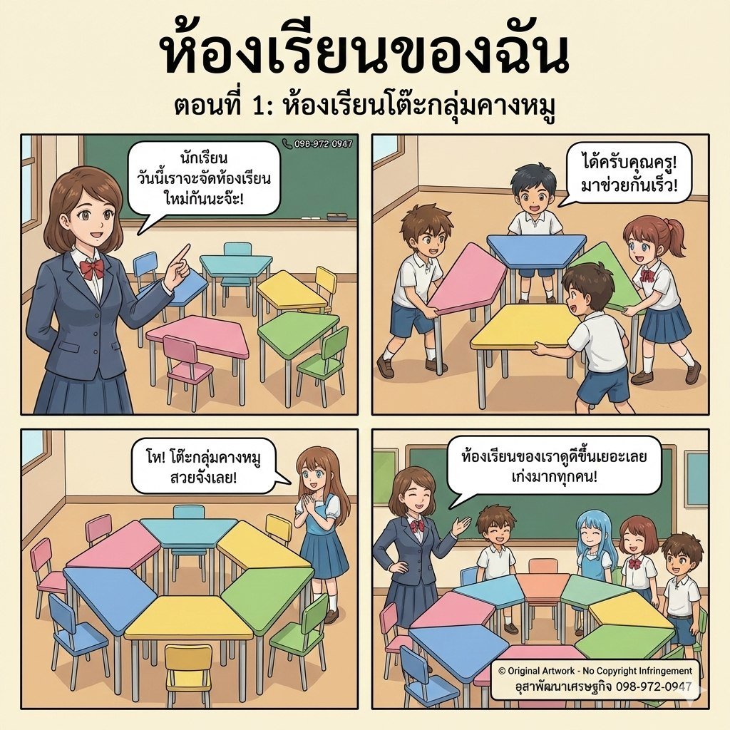 คุณครูและนักเรียนจัดโต๊ะเก้าอี้นักเรียนทำกิจกรรมกลุ่ม