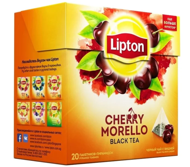 ชา Lipton เชอร์รี่ โมเรลโล / Чай черный Lipton Cherry Morello в пирамидках