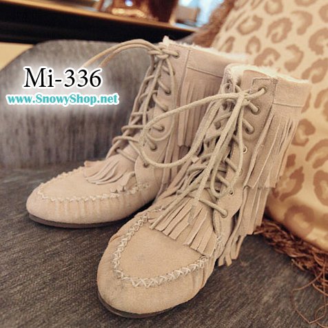  [[พร้อมส่ง 39]] [Mi-336] Mimius รองเท้าบู๊ทกันหนาวสีครีมผ้าหนังกลับเย็บสวย ข้างในบุขนกันหนาว