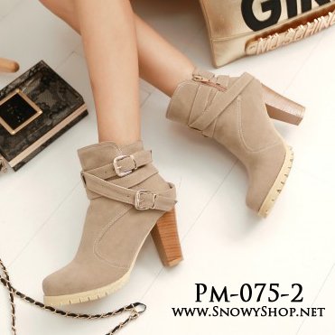  [[พร้อมส่ง 37]] [Boots] [Pm-075-2] Pangmama รองเท้าบู๊ทสีครีมหนังกำมะหยี ส้นสูงหนาสไตล์เกาหลีสวยมาก