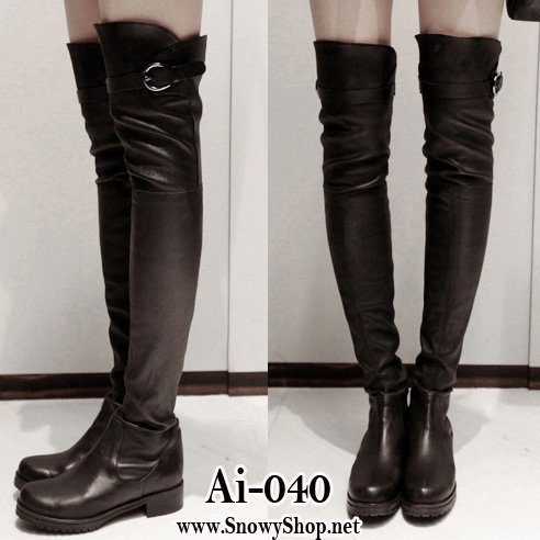 [[PreOrder]] [Ai-040] Aix รองเท้าบู๊ทหนังสีดำ บู๊ทสูงเลยเข่า ด้านในซับขนบางๆกันหนาวได้ หนังดีใส่สบายค่ะ