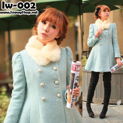  [*พร้อมส่ง  M] [Coat] [Iw-002] เสื้อโค้ทกันหนาวสีฟ้าน่ารักผ้าวูลหนาซับกันหนาว ผ้าทอเลื่อมประกายๆสวย พร้อมขนเฟอร์คอถอดได้ค่ะ