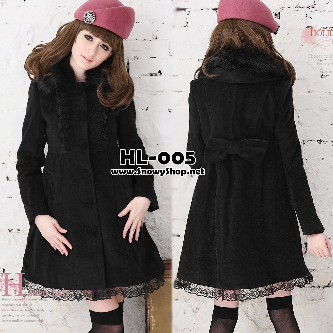  [[*พร้อมส่ง S,M,L]] [Coat] [HL-005] Holiday lady เสื้อโค้ทกันหนาวสีดำผ้าวูลหนา ปกคอขนเฟอร์ถอดออกได้ ปลายกระโปงต่อผ้าลูกไม้น่ารัก