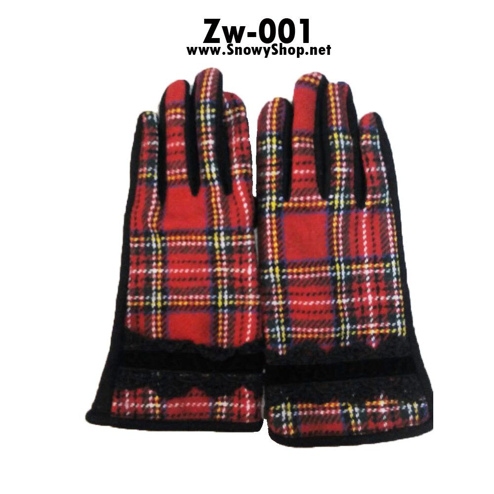 [พร้อมส่ง] [Zw-001] Zw ถุงมือกันหนาวลายสก๊อตสีแดงสวย 