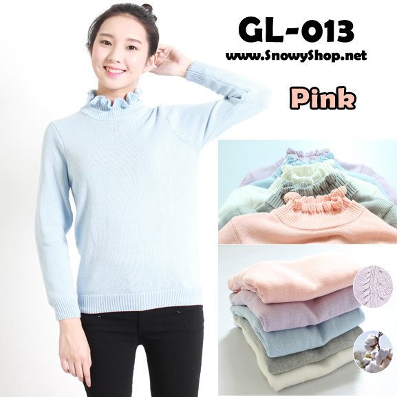  [*พร้อมส่ง M] [เสื้อไหมพรม] [GL-013-1] GL เสื้อไหมพรมสีชมพูคอระบาย แขนยาวผ้าหนาใส่กันหนาว 