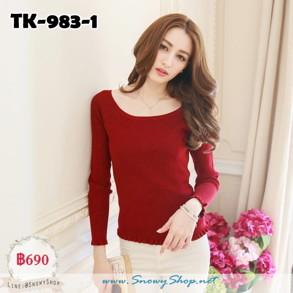 [พร้อมส่ง S] [TK-983-1] Tokyo Fashion 100% เสื้อไหมพรมคอกลมสีแดง ปลายระบายสวยใส่มาก