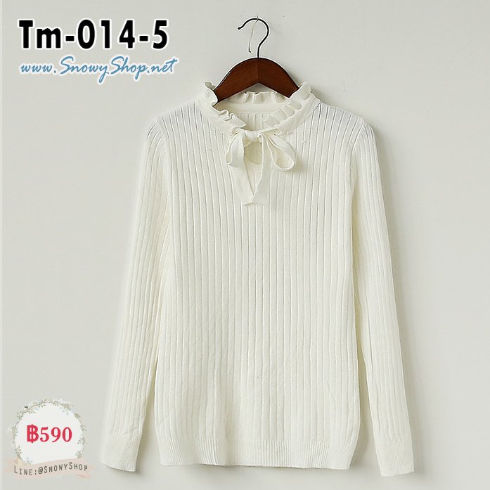 [พร้อมส่ง F]   [Tm-014-5] เสื้อไหมพรมคอระบายผูกโบว์สีขาว ผ้าไหมพรมเนื้อนุ่มมากน่ะค่ะ 