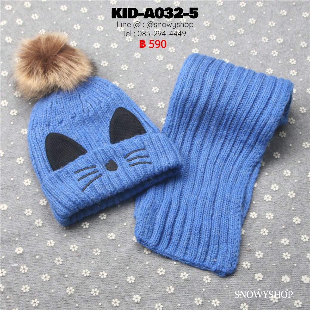 [พร้อมส่ง] [Kid-A032-5] ชุดหมวกไหมพรมผ้าพันคอกันหนาวเด็ก สีน้ำเงินลายแมว ด้านในซับขนกันหนาว (ชุด 2 ชิ้น)