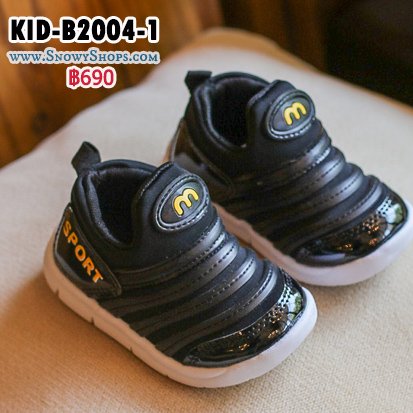 [พร้อมส่ง 21,22,23,24,25] [KID-B2004-1] รองเท้าเด็กเล็กสีดำ ผ้าเงา  ลาย M สวมใส่ง่าย ด้านในพื้นนุ่มค่ะ