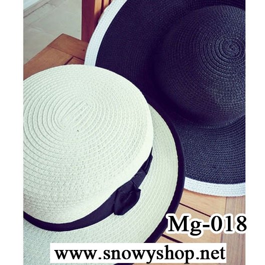  [[พร้อมส่ง]] [Mg-018] MuGu++หมวก++หมวกสานสีขาวครีมแถบสีดำ สวยมากๆ