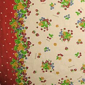 ผ้า cotton & linen ญี่ปุ่น ถุงแป้ง บล๊อคลายสตอเบอรี่โทนแดง ขนาด 1/4 เมตร (50*70 ซม.