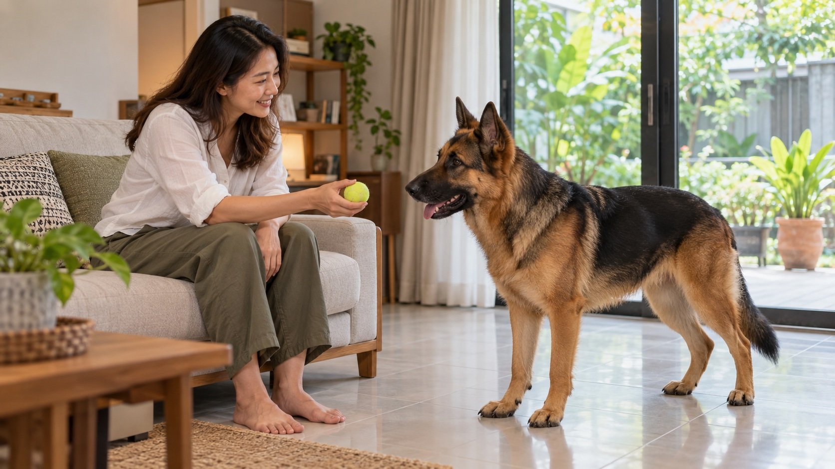 Dog training at home: a dog waits calmly before the owner starts play