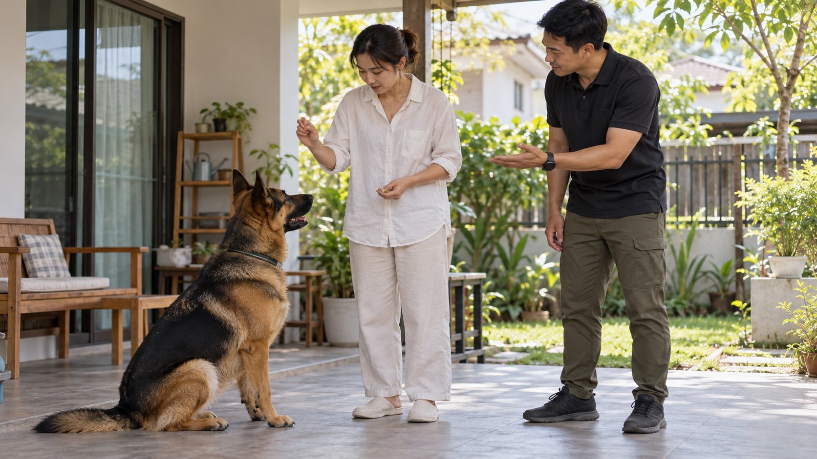 An owner practises a cue with a dog at home while a trainer coaches