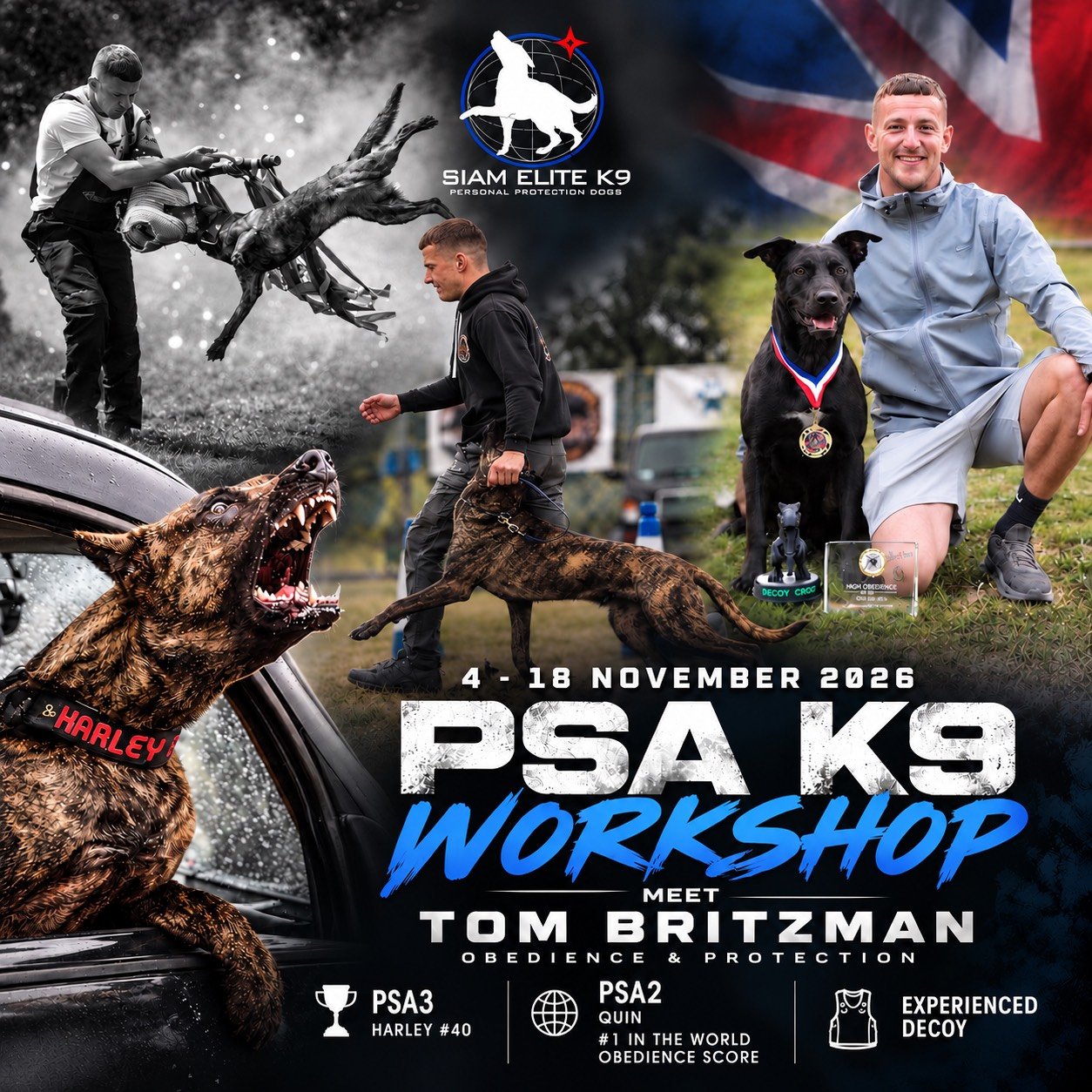PSA K9 Workshop 2026 กับ Tom Britzman ที่ Siam Elite K9 กรุงเทพฯ วันที่ 4-18 พฤศจิกายน 2026