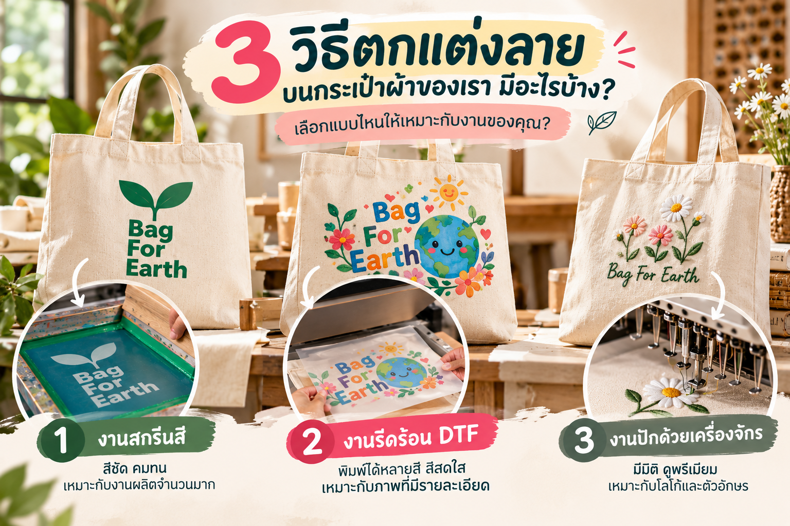 3 วิธีพิมพ์ลายบนกระเป๋าผ้าของทางร้านมีอะไรบ้าง เลือกแบบไหนให้เหมาะกับงานของคุณ?