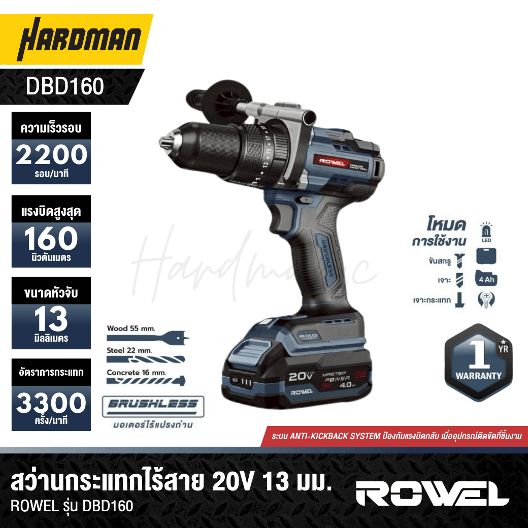 สว่านกระแทกไร้สาย 20V 13 มม. Brushless ROWEL รุ่น DBD160 (รวมแบต 4 Ah x 1)