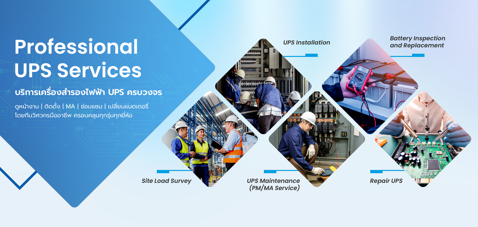 บริการซ่อมเครื่องสำรองไฟ UPS ติดตั้ง MA เปลี่ยนแบตเตอรี่ ตรวจเช็กระบบไฟฟ้า โดยทีมวิศวกรมืออาชีพ ครอบคลุมโรงงาน ออฟฟิศ ศูนย์ข้อมูล พร้อมดูแลระบบ UPS ทุกยี่ห้อทั่วประเทศ บริการซ่อมเครื่องสำรองไฟ UPS ติดตั้ง MA เปลี่ยนแบตเตอรี่ ตรวจเช็กระบบไฟฟ้า โดยทีมวิศวกรมืออาชีพ ครอบคลุมโรงงาน ออฟฟิศ ศูนย์ข้อมูล พร้อมดูแลระบบ UPS ทุกยี่ห้อทั่วประเทศ
