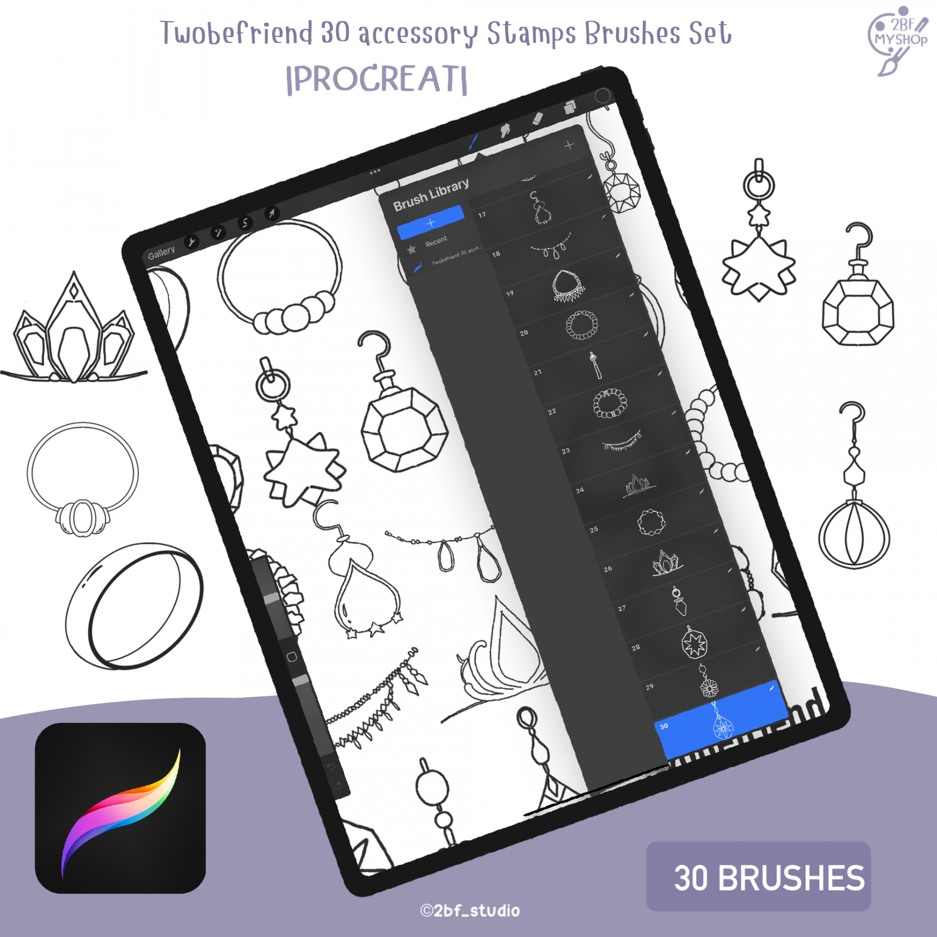 Twobefriend 30 accessory Stamps Brushes Set   |PROCREAT BRUSHED|