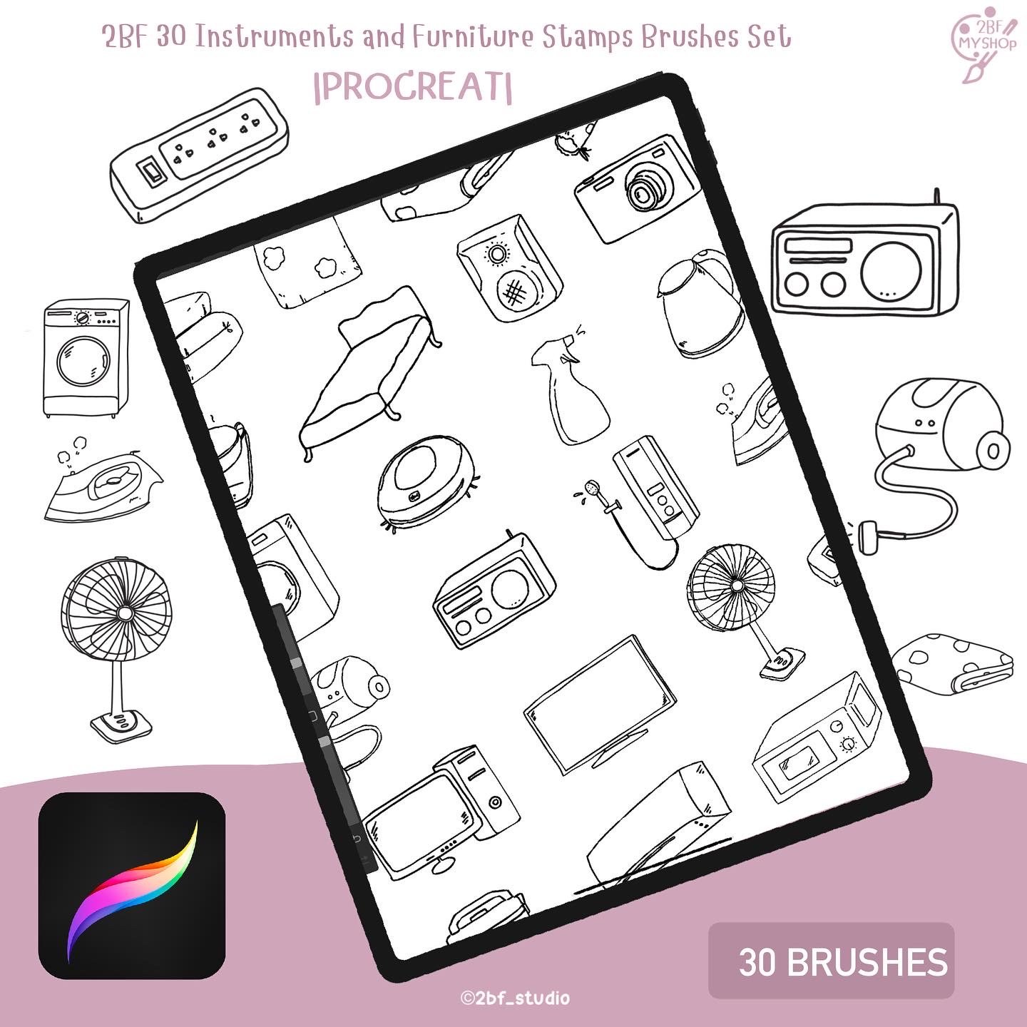 2BF 2BF 30 Instruments and Furniture Stamps Brushes Set   |PROCREAT BRUSHED|