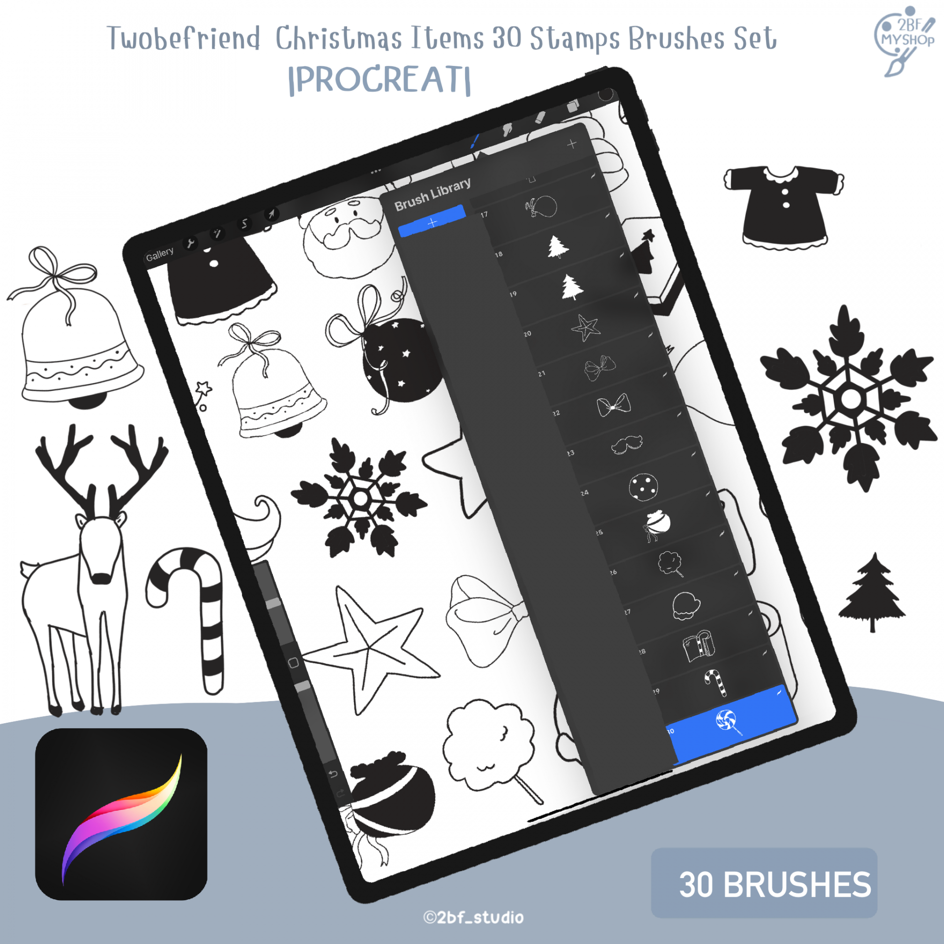 Twobefriend  Christmas Items 30 Stamps Brushes Set  |PROCREAT BRUSHED |