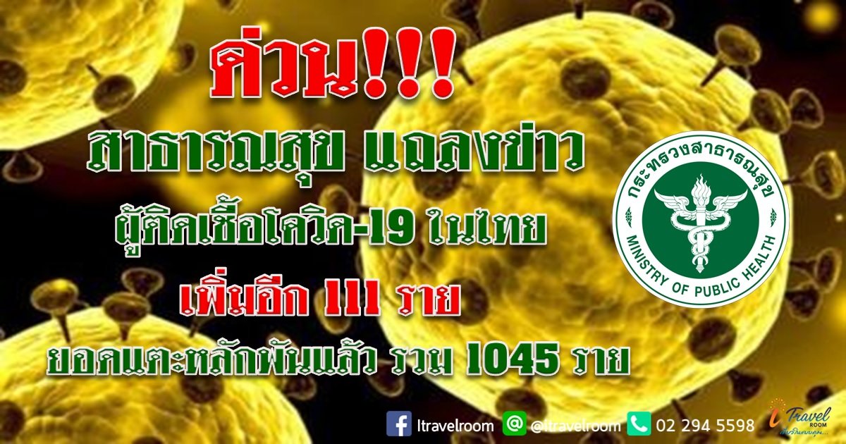 ด่วน!!! สาธารณสุข แถลงข่าว ผู้ติดเชื้อโควิด-19 ในไทย เพิ่มอีก 111 ราย ยอดแตะหลักพันแล้ว รวม 1045 ราย ด่วน!!! สาธารณสุข แถลงข่าว ผู้ติดเชื้อโควิด-19 ในไทย เพิ่มอีก 111 ราย ยอดแตะหลักพันแล้ว รวม 1045 ราย
