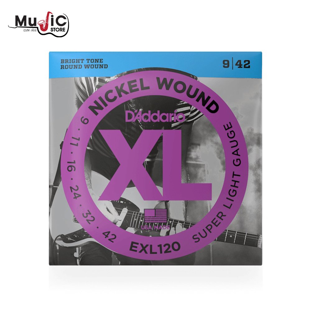 D’Addario EXL120 Super Light gauge nickel wound electric guitar strings.