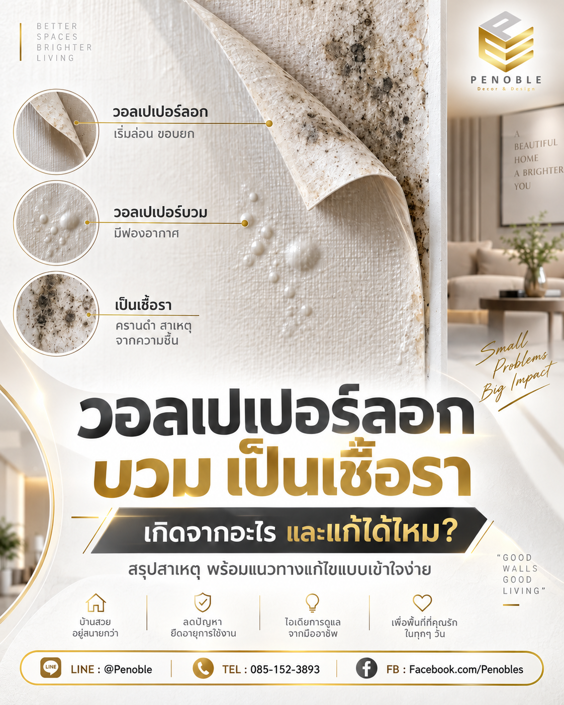 ปัญหาวอลเปเปอร์ลอก บวม มีฟองและเกิดเชื้อรา พร้อมสาเหตุและแนวทางแก้ไข