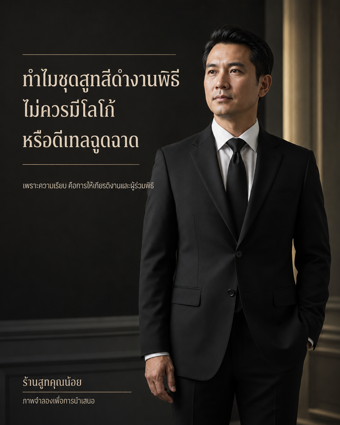 "ชุดสูทสีดำงานพิธี ทำไมต้องเรียบง่าย ไม่มีโลโก้"