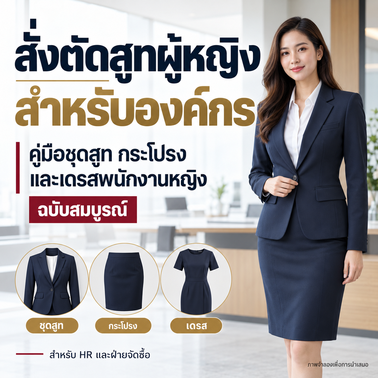 สั่งตัดสูทผู้หญิงสำหรับองค์กร: คู่มือชุดสูท กระโปรง และเดรสพนักงานหญิง
