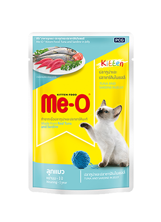 Me-O pouch (ลูกแมว) รสปลาทูน่าและปลาซาร์ดีนในเยลลี่ - 80g