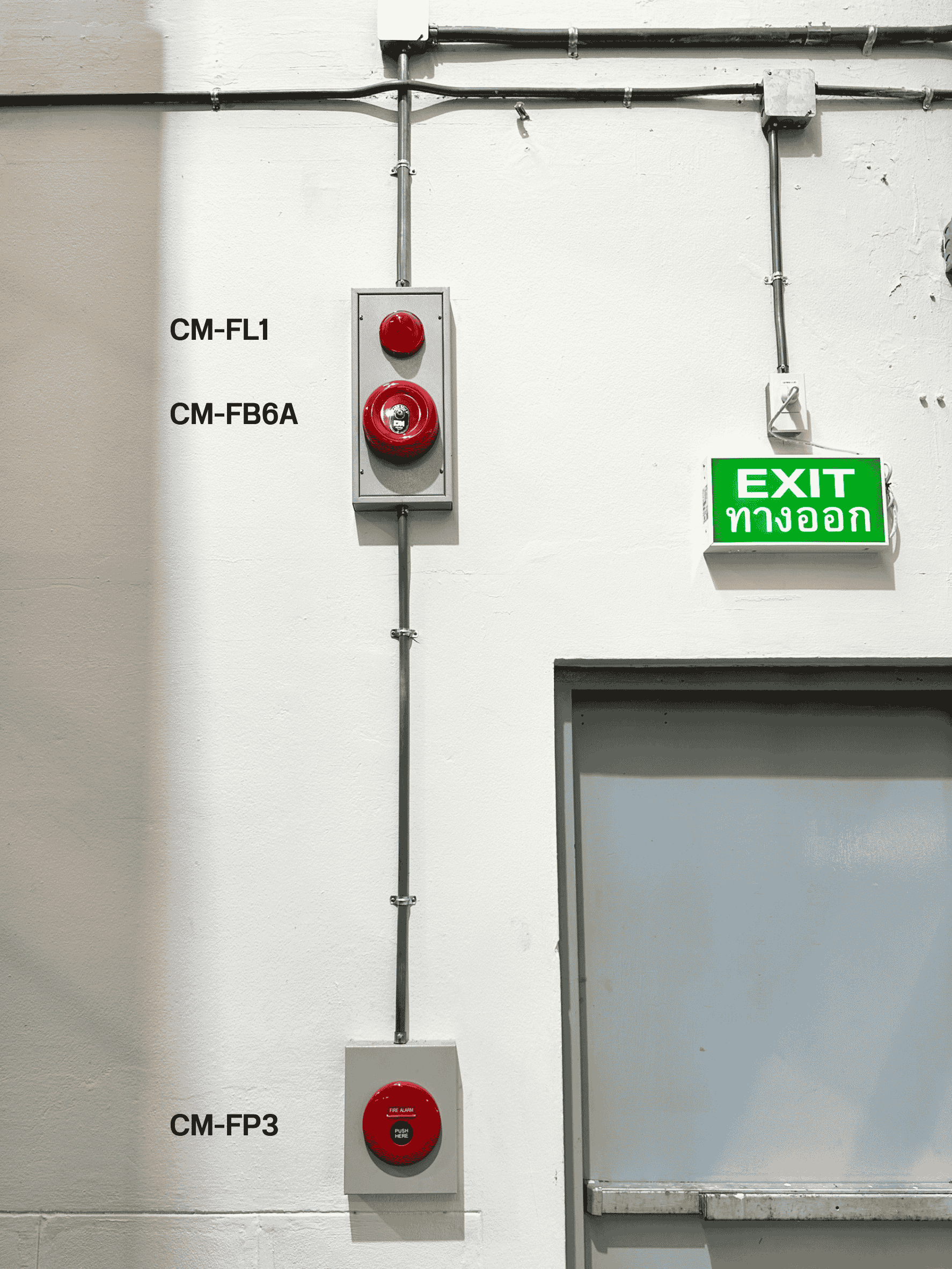 ตัวอย่างการติดตั้ง CM-FL1 CM-FB6A CM-FP3 ระบบแจ้งเหตุเพลิงไหม้ในโกดัง