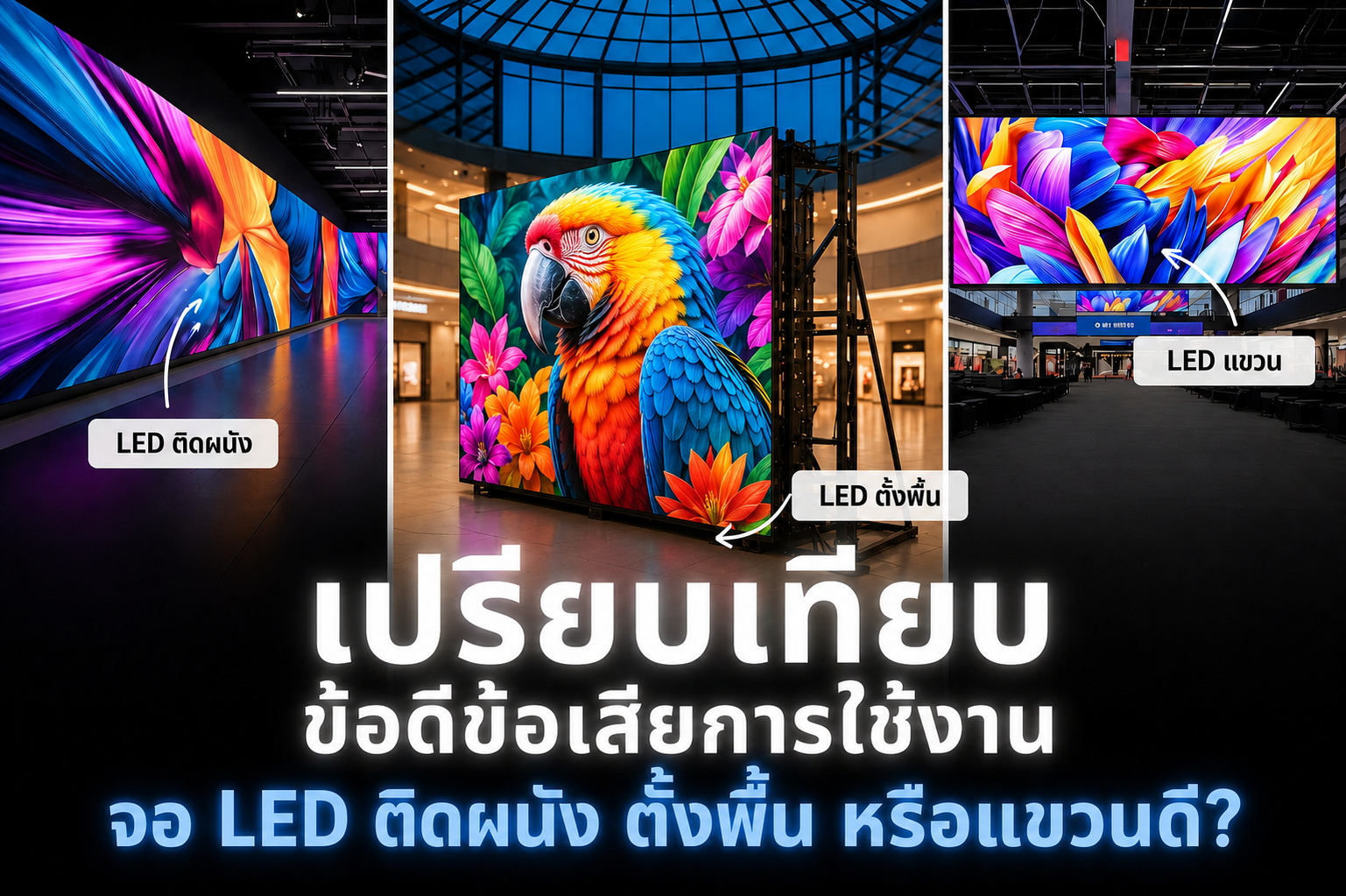 จอ LED ติดผนัง ตั้งพื้น หรือแขวนดี? มาเปรียบเทียบข้อดีข้อเสียและการใช้งานที่เหมาะสมกัน! 