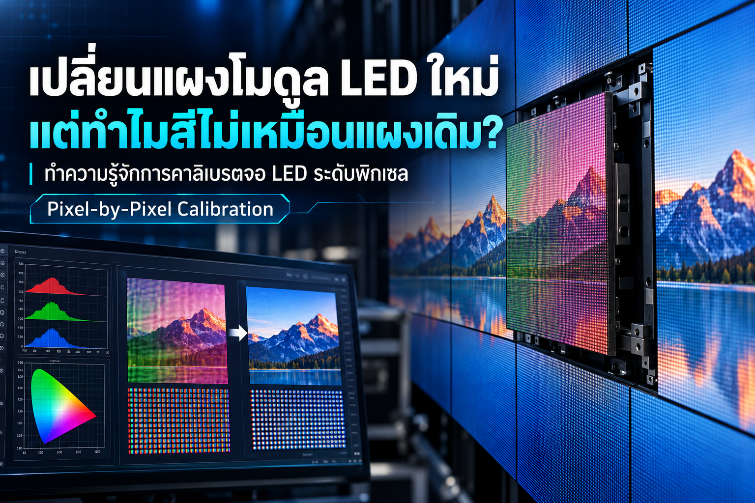 เปลี่ยนแผงโมดูล LED ใหม่ แต่ทำไมสีไม่เหมือนแผงโมดูลเดิม? ทำรู้จักการคาลิเบรตจอ LED ระดับพิกเซล (Pixel-by-Pixel Calibration) 